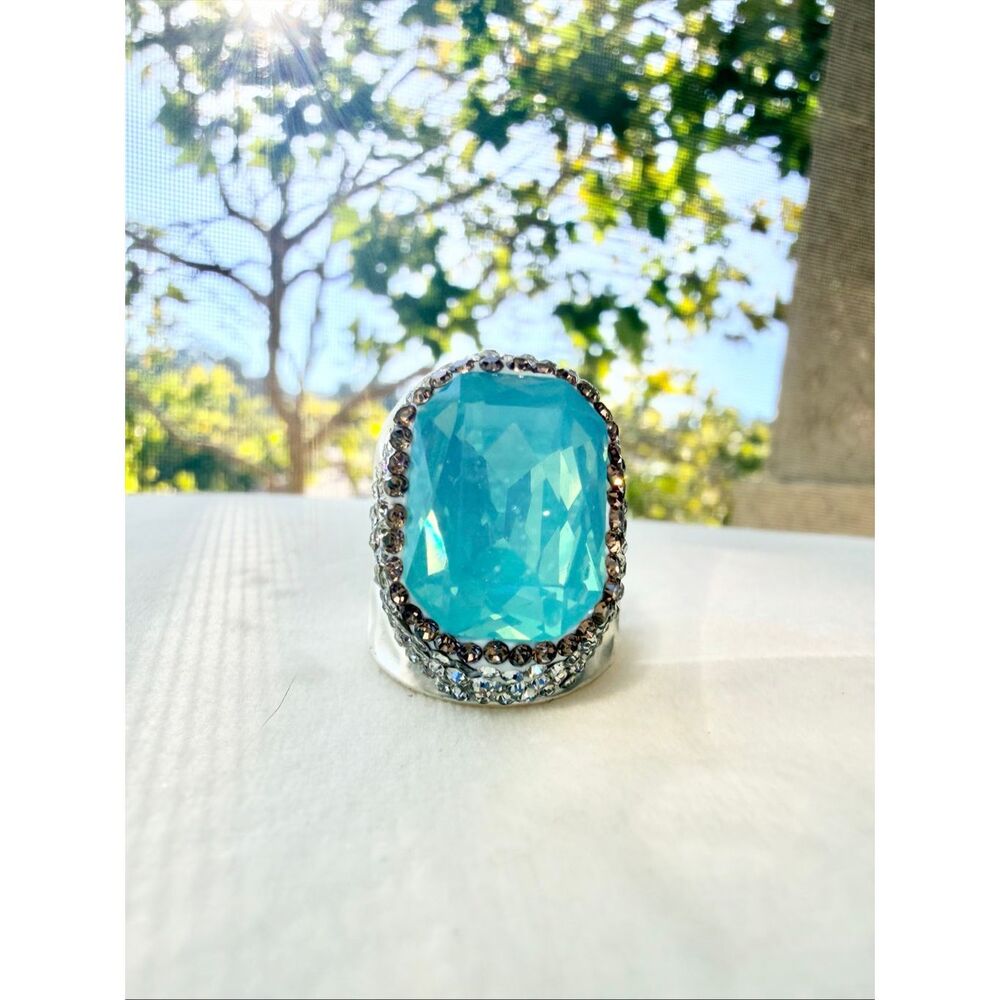 Statement Turquoise Cocktail Ring Silver Tone Rhinestone Adjustable Boho Glam